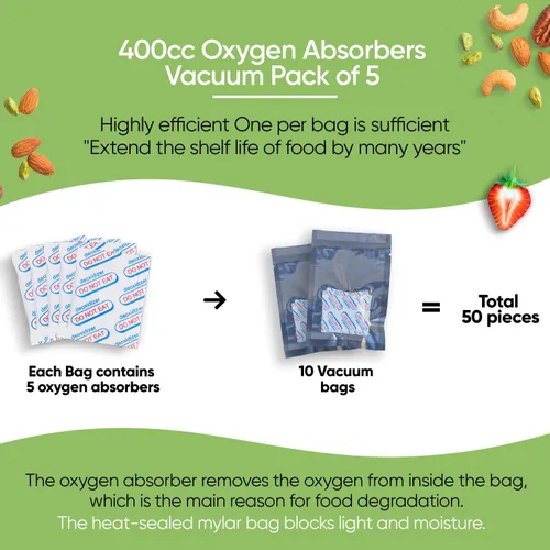 Vista 5 de 50 bolsas de Mylar para almacenamiento de alimentos, bolsas de Mylar de 0.5 y 1 galón con absorbentes de oxígeno de 400 cc - 9.4 mil extra gruesas