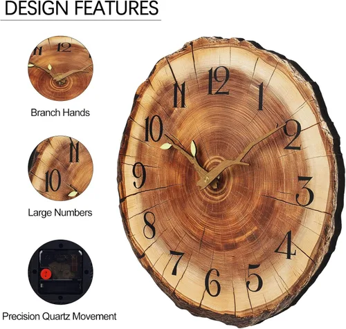 Vista 5 de JoFomp Reloj de pared de madera con anillo anual, funciona con pilas, reloj de pared silencioso de 12 pulgadas sin tictac, reloj de pared rústico