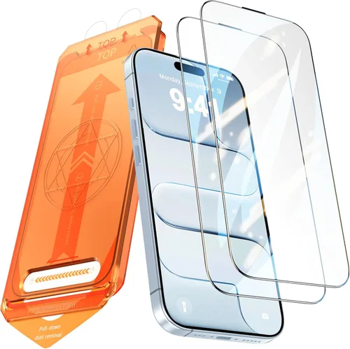 Vista 10 de Paquete de 2 protectores de pantalla para iPhone 15 Pro, dureza 9H, protector de pantalla de vidrio templado con kit de alineación automática