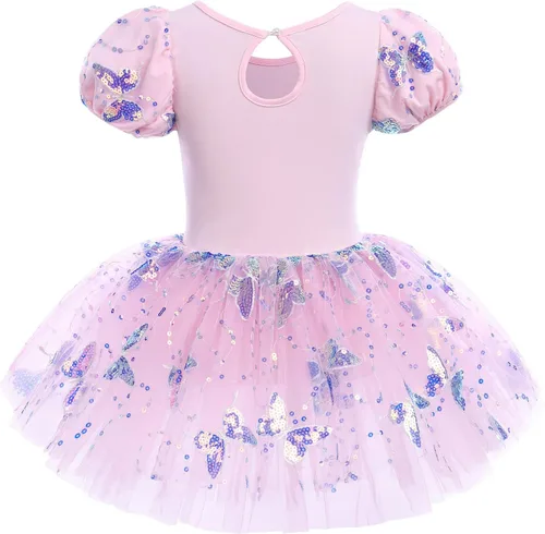 Vista 3 de Leotardos de ballet para niñas, 4 colores, mariposa, lentejuelas brillantes, vestido tutú de baile, manga abombada, ojo de cerradura en la espalda