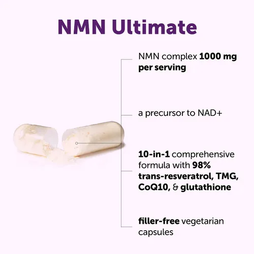 Vista 2 de Complejo NMN 1,000 mg por porción, 60 cápsulas vegetales 10 en 1 con mononucleótido de nicotinamida, vitamina C, resveratrol, CoQ10, TMG