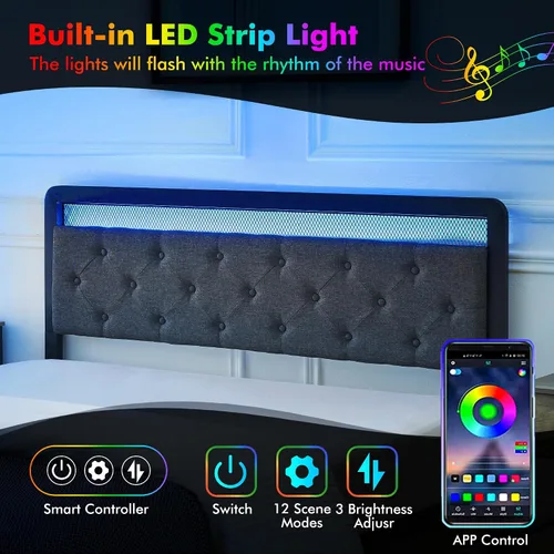 Vista 4 de Base de cama Queen con 2 cajones de almacenamiento, cabecera capitonada con botones y luces LED, cama de plataforma tapizada con almacenamiento