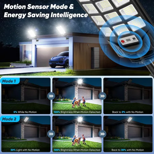 Vista 3 de Farolas solares impermeables para exteriores, 30000 lúmenes, 6500 K, luces LED con sensor de movimiento, luces de inundación solares con control