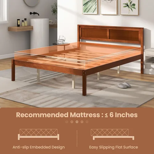 Vista 5 de Giantex Cama de plataforma de madera Queen con cabecero, marco de cama de madera maciza de mediados de siglo con soporte de listones de madera, base