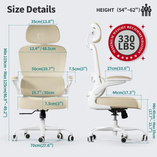 Vista 2 de TRALT - Silla de oficina ergonómica con soporte lumbar, color beige, 1
