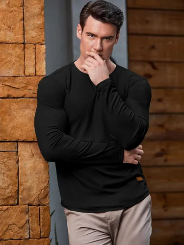 Vista 8 de JMIERR Camisetas de manga larga para hombre, estilo casual, cuello en V Negro+Blanco
