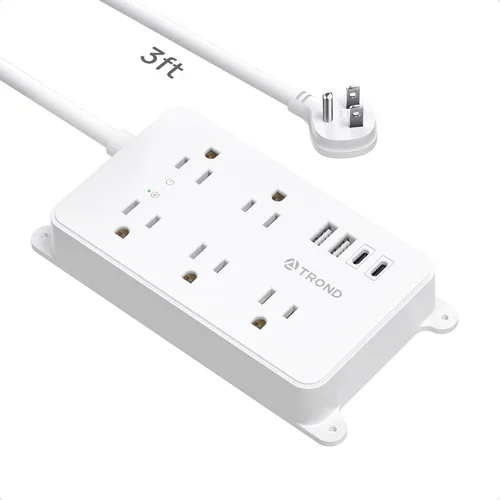 Vista 26 de TROND Regleta protectora contra sobretensiones, cable de extensión de 3 pies de enchufe plano, 5 tomas de corriente ampliamente espaciadas con 2 USB