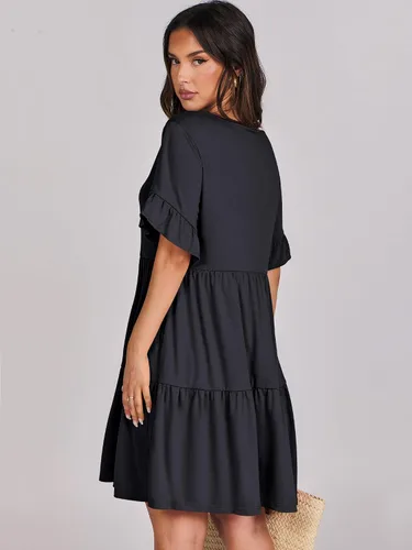 Vista 5 de ANRABESS Vestido de verano para mujer, con cuello en V, manga corta, con volantes, acampanado, escalonado, casual, minivestido de playa con bolsillos