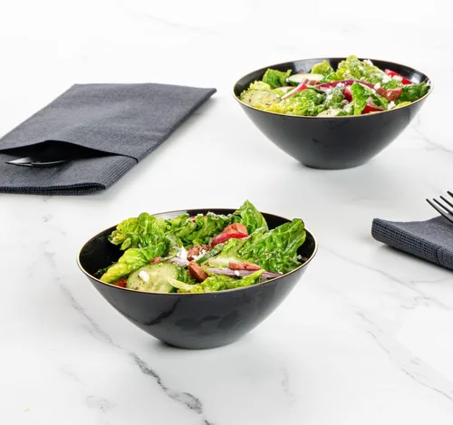 Vista 3 de Restaurantware -Moderna - Cuencos de plástico de 6 onzas, 20 cuencos de ensalada desechables duraderos - Con borde dorado, resistente, cuenco