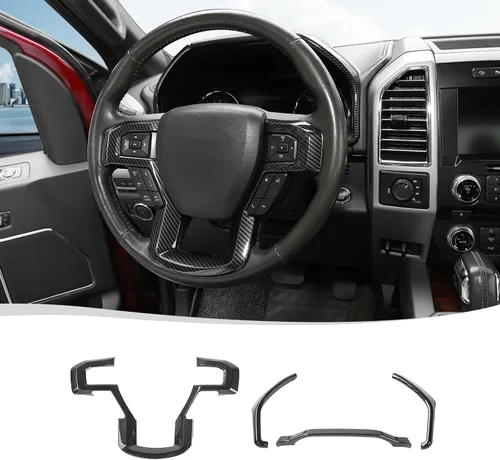 Vista 15 de Voodonala Cubierta de marco decorativo para volante negro con textura de grano para Ford F150 F250 F350 Super Duty 2015 2016 2017 2018 2019 2020