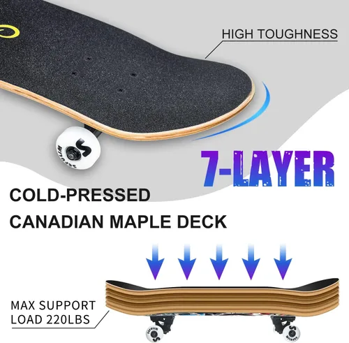 Vista 4 de 31 x 8 Inch Complete Skateboard 7 Layer Canadian Maple Double Kick Deck Concave Cruiser Trick Skateboard for Boys Girls Teens Adults Beginner