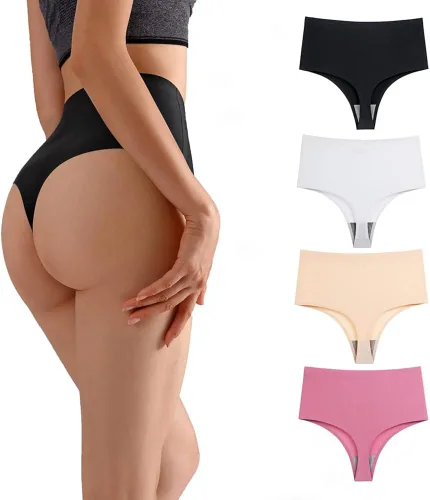 Vista 2 de linsgbpo Tanga de cintura alta para mujer, ropa interior suave con forro de algodón, paquete de 4