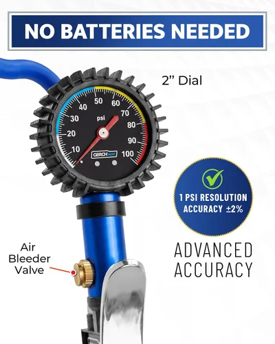 Vista 5 de Inflador de neumáticos con manómetro y manguera más larga, portabrocas de aire más preciso y resistente con medidor para compresor de aire Azul