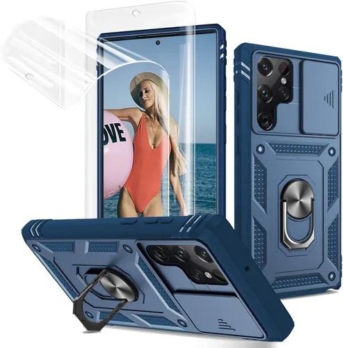 Vista 15 de Jeylly Funda para Galaxy A12 con cubierta deslizante para cámara, protector de pantalla de vidrio templado, protección híbrida de policarbonato duro