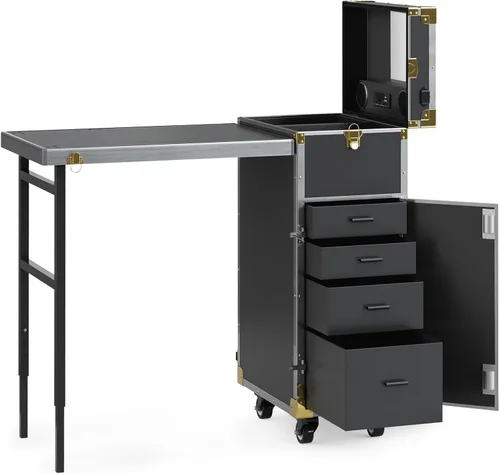 Vista 9 de Icoget Mesa de manicura portátil con ruedas para enseñanza de uñas, escritorio plegable de viaje con almacenamiento, mesa de manicura móvil