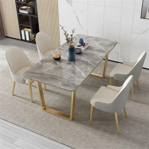 Vista 7 de LAKIQ Mesa de comedor rectangular moderna de piedra sinterizada para apartamento, cocina, comedor, solo con pedestal doble