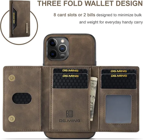 Vista 3 de Funda trasera desmontable 2 en 1 compatible con iPhone 12 Pro Max, funda tipo cartera con tarjetero y bolsillo de cuero, fundas delgadas para Café