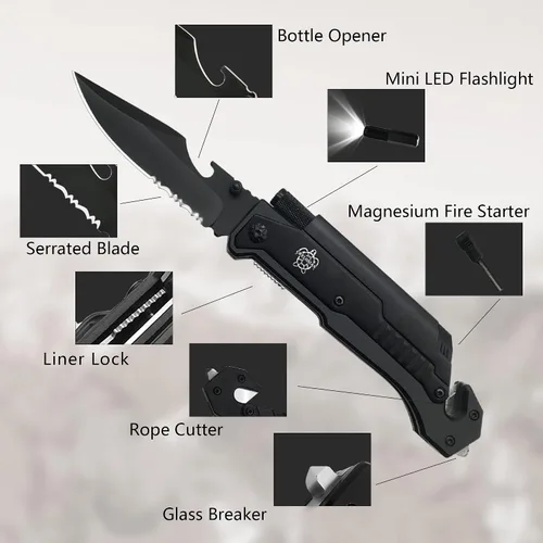 Vista 2 de Cuchillo de bolsillo militar EDC de 8.5 pulgadas para exteriores, 7 en 1, cuchillos plegables multifunción con iniciador de fuego, cortador de Negro