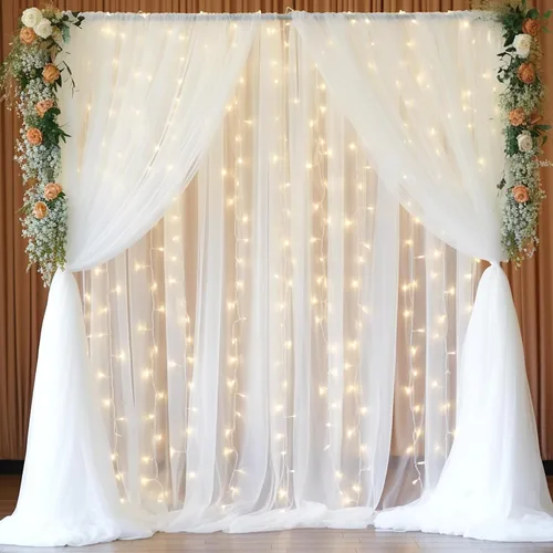 Vista 13 de Cortina de telón de fondo de tul azul bebé de 10 x 8 pies con cadena de luces para fiestas, cortinas de fondo transparentes para bodas, baby shower