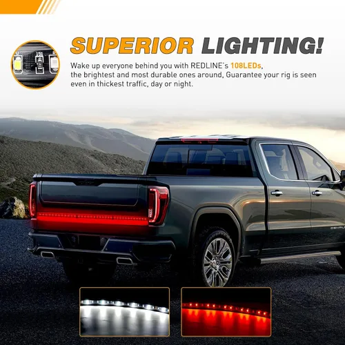 Vista 7 de GOOACC - Tira de luz para portón trasero de camioneta de 48"/49", 5 funciones, 90 LED rojo/blanco de una sola fila, iluminación trasera universal