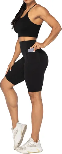 Vista 4 de Sunzel Pantalones cortos de ciclismo de 10 pulgadas, 8 y 5 pulgadas, para mujer, con bolsillos, cintura alta, para yoga, atletismo, gimnasio