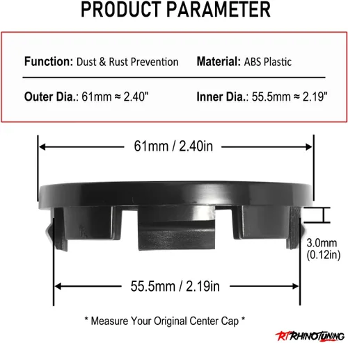 Vista 2 de RTRHINOTUNING Tapones centrales de 2.402 in, paquete de 4 OD: 2.4"(61 mm) ID: 2.18"(56 mm) Tapones centrales de rueda compatibles con Negro