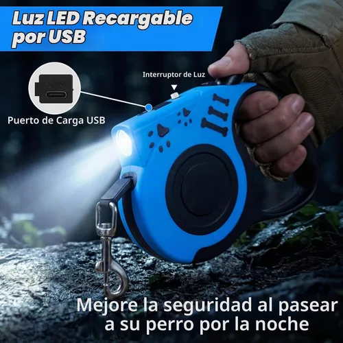 Vista 2 de Correa retráctil para perro con linterna recargable USB para paseos nocturnos, correa telescópica automática de tractor de 16 pies para perros Azul