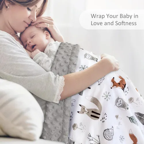 Vista 2 de HOMRITAR Manta de bebé para niños y niñas, manta de felpa suave de visón con respaldo punteado de doble capa para niños pequeños con zorros
