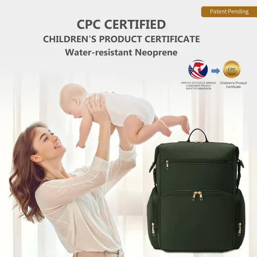 Vista 9 de CEI-CEI Mochila de neopreno para pañales con bolsillos aislados, bolsas grandes de maternidad para bebés recién nacidos, bolsa de viaje con Verde