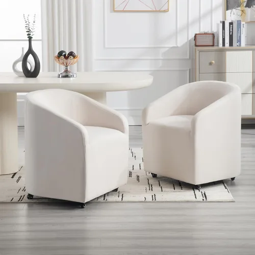 Vista 5 de Sillas de comedor de barril con ruedas, sillas tapizadas de lino beige para comedor y cocina, sillón lateral moderno con ruedas para dormitorio