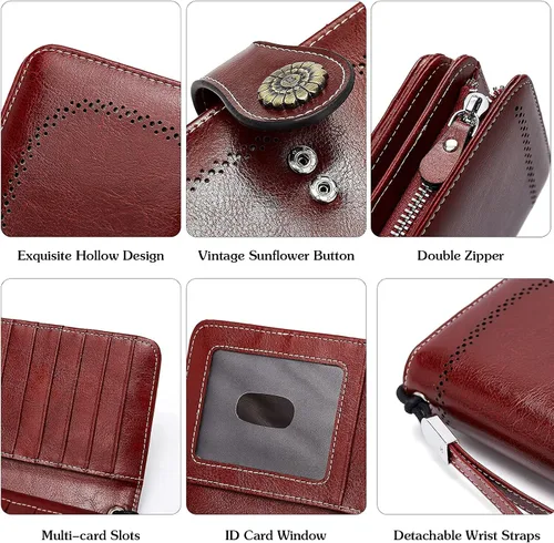 Vista 6 de BOSTANTEN Cartera de cuero genuino para mujer, de gran capacidad, cartera de mano, tarjetero con bloqueo RFID