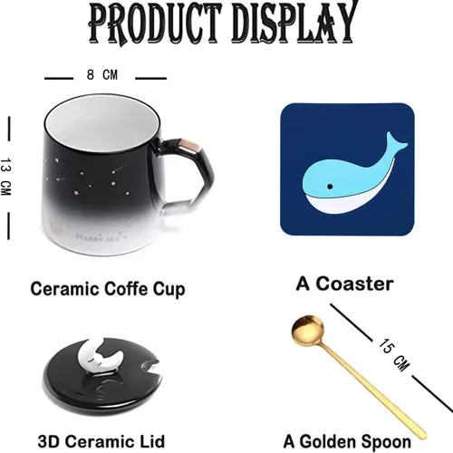 Vista 2 de Arawat Bonita taza con tapa de estrella y luna 3D, tazas de café divertidas de 14.2 fl oz/14 onzas, tazas de té con cuchara y posavasos, taza