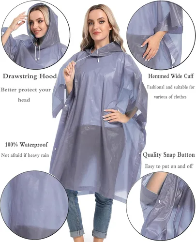 Vista 4 de Ponchos de lluvia reutilizables con capucha con cordón para adultos, abrigo de lluvia grueso impermeable, 2 paquetes