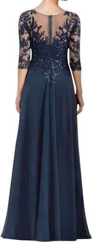 Vista 2 de Vestido largo formal de noche con cuello en V, para boda, novio, apliques de encaje, manga 34, para madre de la novia, vestido de novia