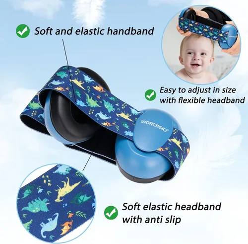 Vista 4 de Orejeras para bebés con cancelación de ruido, protección auditiva para niños pequeños con diadema elástica ajustable (dinosaurio, azul)