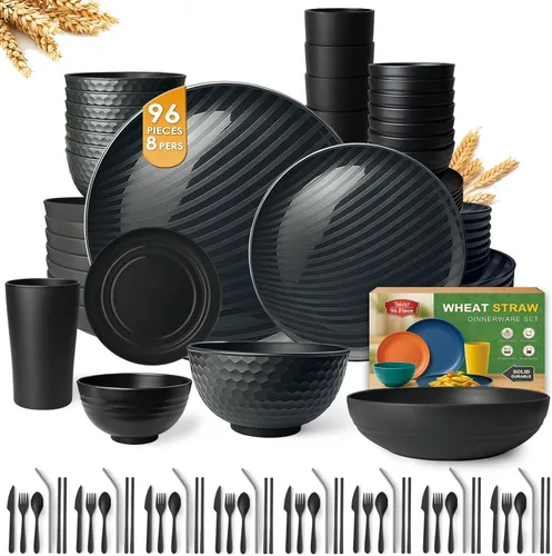 Vista 7 de Teivio Juego de vajilla de plástico de paja de trigo de 32 piezas para cocina, servicio para 8, platos, cuencos y tazas irrompibles, vajilla