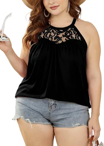 Vista 3 de WIHOLL Camisetas sin mangas para mujer, de ajuste holgado, con encaje halter, sin mangas, plisadas