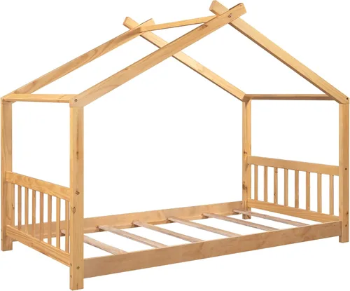 Vista 5 de Merax Cama de plataforma de casa de tamaño individual con cabecero y estribo, marco de cama de madera con diseño de techo para dormitorio,