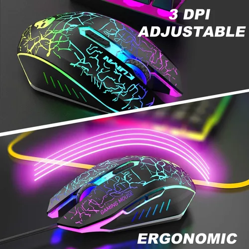 Vista 9 de Teclado de juego 5 en 1 con cable para auriculares y altavoz Combo con retroiluminación multi RGB ergonómico de 104 teclas de micrófono ajustable