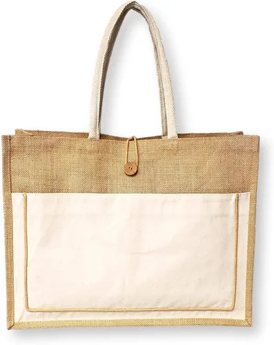 Vista 2 de SONA G DESIGNS Yute de estilo vintage con bolsillo de algodón negro reutilizable bolsa de compras grande Natural: sin bordado
