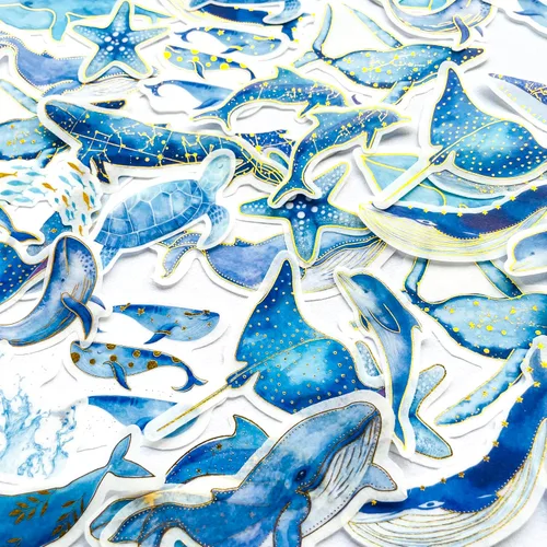 Vista 3 de Yoksas 60 calcomanías Washi de fantasía de ballena azul, océano y fantasía, bronceado, vida marina, delfín, tortuga, álbum de recortes, manualidades