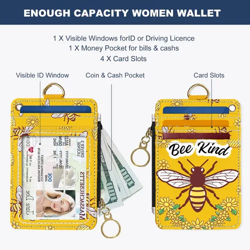 Vista 2 de Portafolios delgados con soporte para tarjeta de crédito, funda delgada de cuero PU con bloqueo RFID para viajes con ventana para ID, regalos