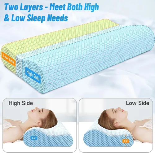 Vista 5 de Almohada cervical ergonómica para dormir, tamaño Queen azul Memory Foam Bed Pillow for Side Back Stomach Sleepers, Contour Fit Neck Pillow for