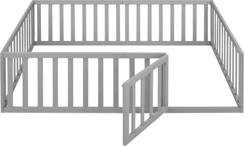 Vista 6 de Cama de suelo para niños, marco de cama Montessori de tamaño matrimonial con barandillas de valla para niños, camas de madera para niños y niñas
