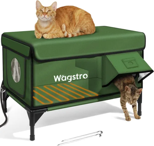 Vista 9 de Casa climatizada para gatos para exteriores, casa aislada a la intemperie para gatos al aire libre con aleros impermeables y puerta de escape