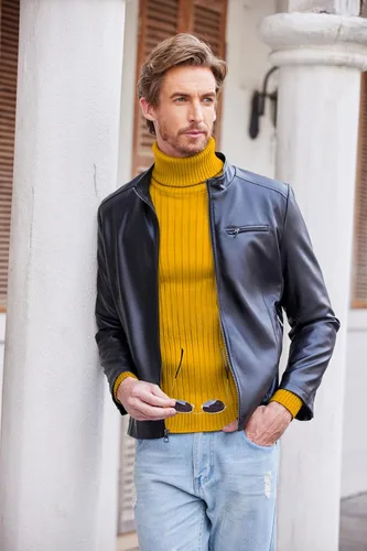 Vista 2 de COOFANDY Suéter de cuello alto ajustado para hombre, suéter casual ligero y acanalado