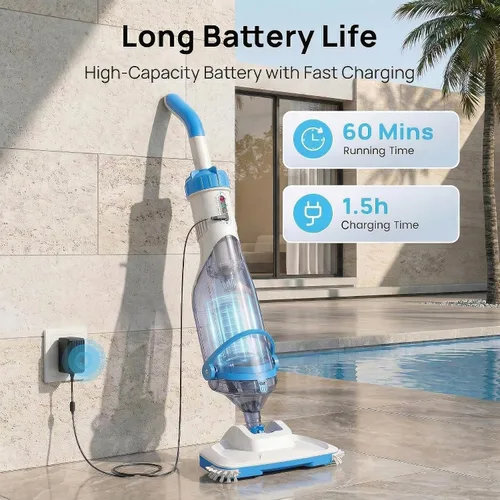 Vista 3 de Consciot Aspiradora de piscina para piscina sobre el suelo y piscina enterrada, limpiador de mano recargable con poste telescópico, succión de 18.5