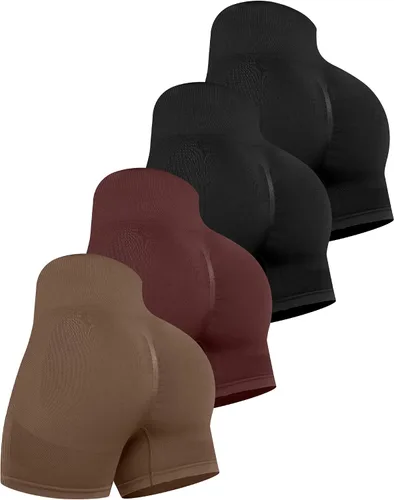 Vista 16 de CHRLEISURE Pantalones Cortos de Entrenamiento para Mujer, 4 Paquetes, Cintura Alta, Levantamiento de Glúteos con Fruncido, Pantalones Cortos Booty