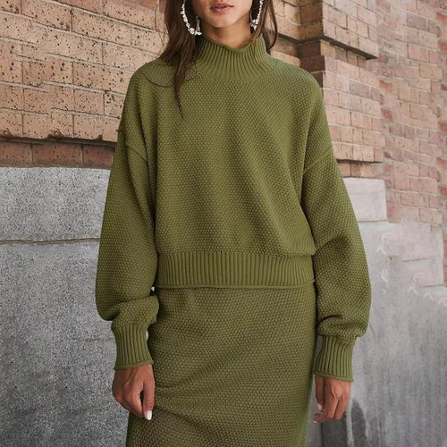 Vista 4 de FAMOORE Long Bathing Suit Bottom Set Outfits Mock Neck Long Sleeve Sweater Knit Maxi Long Skirt Sets Office Outfits for