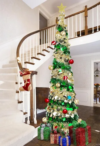Vista 5 de [Temporizador y 8 modos] Árbol de Navidad delgado iluminado de 6 pies, feliz año nuevo 2025 con 100 luces cambiantes blancas cálidas y multicolor